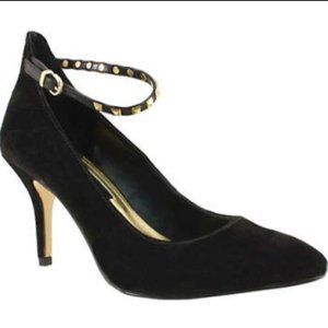 BCBG Zyla Black Velvet Pumps Gold Stud Ankle Strap